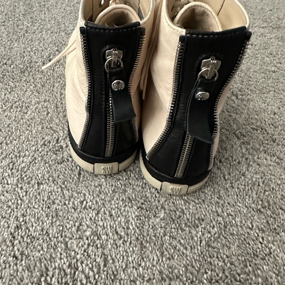 STUART WEITZMAN $435 ZIPIT Bone / Black Leather Cap Toe High Top Sneakers 10 m - Picture 3 of 7
